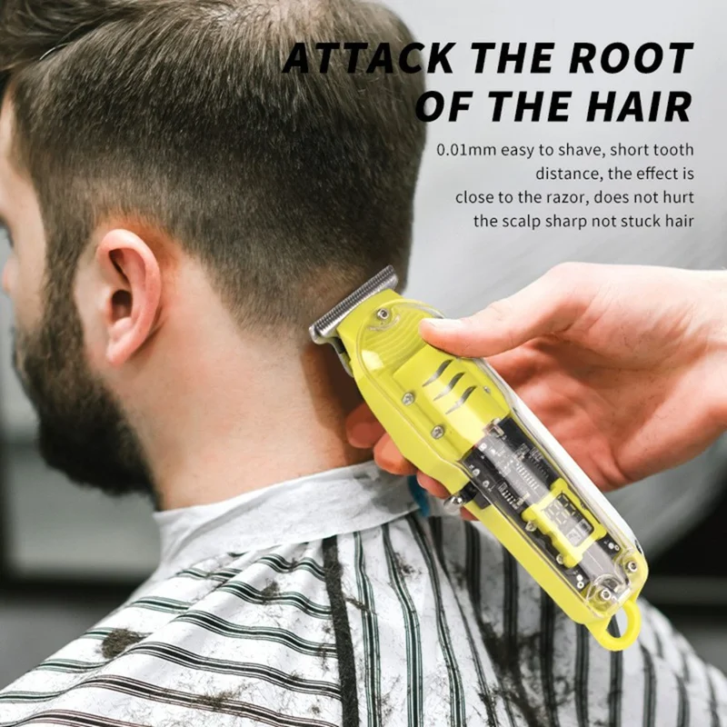 LT-808 Transparent Hair Clipper LCD Display Electric Trimmer with 4 Guide Combs for Barber Home - Yellow