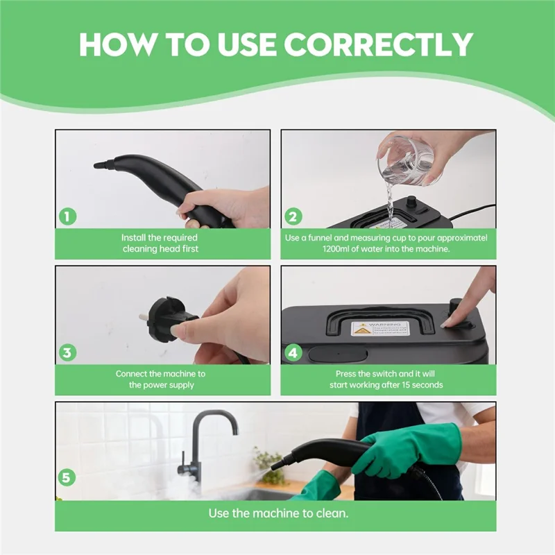 RZ-169 1350W 5-Gear Handheld High Temperature Steam Cleaner with 1200ml Tank for Home, EU Plug - White
