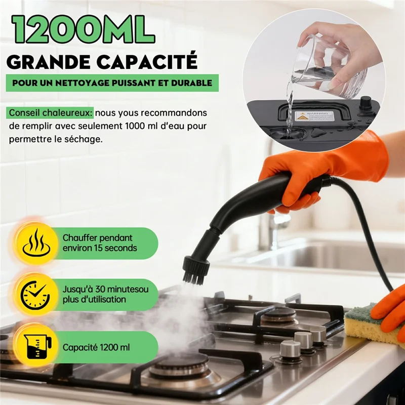 RZ-169 1350W 5-Gear Handheld High Temperature Steam Cleaner with 1200ml Tank for Home, EU Plug - White