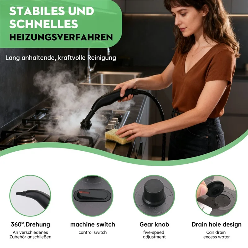 RZ-169 1350W 5-Gear Handheld High Temperature Steam Cleaner with 1200ml Tank for Home, EU Plug - White