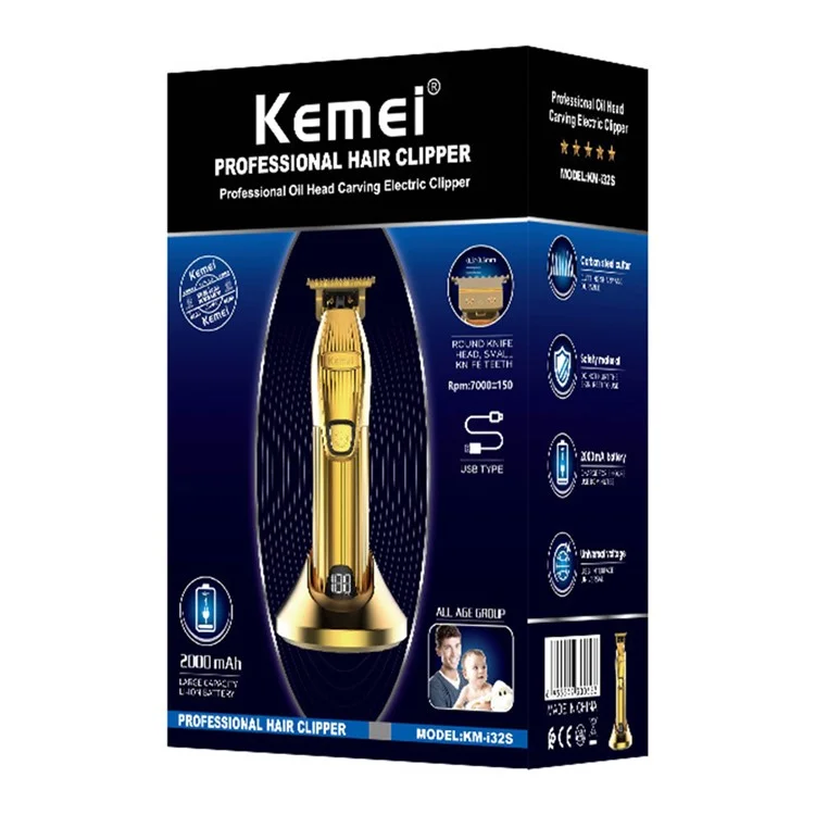 Cortadora de cabello inalámbrica recargable KEMEI KM-K32S con pantalla LCD para peluquería doméstica