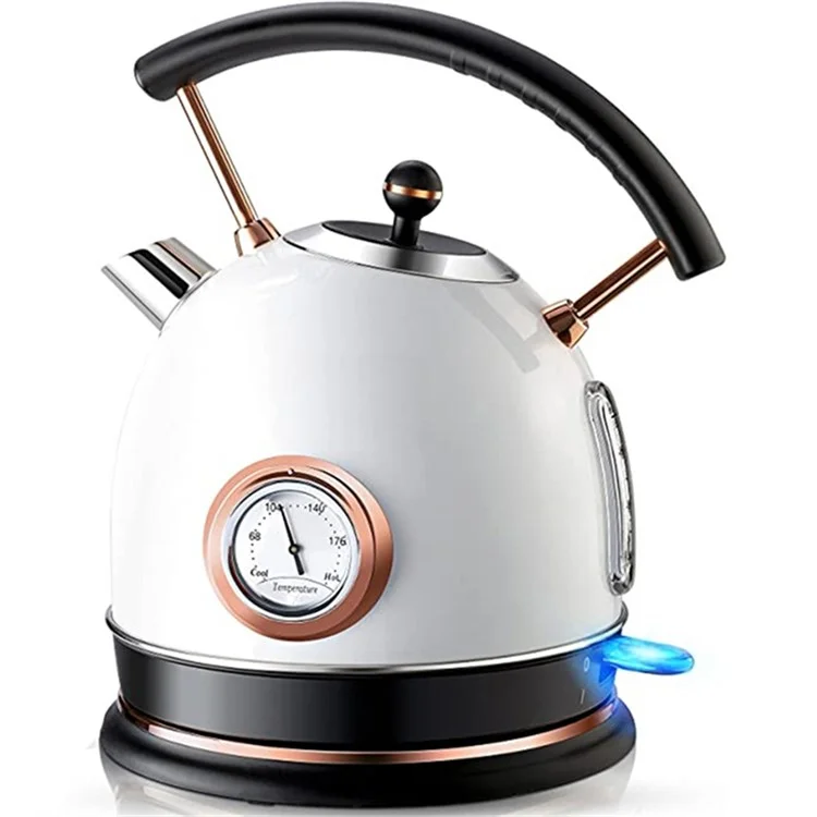 PUKOMC 1.8L Retro Electric Kettle 304 Stainless Steel Boil Water Kettle with Thermometer (BPA Free, No FDA Certificate) - EU Plug / White