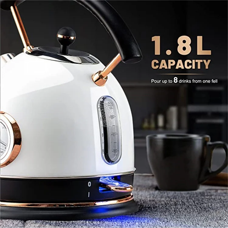 PUKOMC 1.8L Retro Electric Kettle 304 Stainless Steel Boil Water Kettle with Thermometer (BPA Free, No FDA Certificate) - EU Plug / White