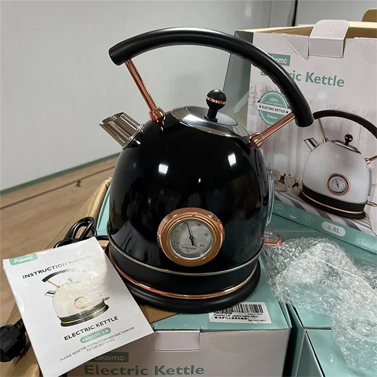 PUKOMC 1.8L Retro Electric Kettle 304 Stainless Steel Boil Water Kettle with Thermometer (BPA Free, No FDA Certificate) - EU Plug / White
