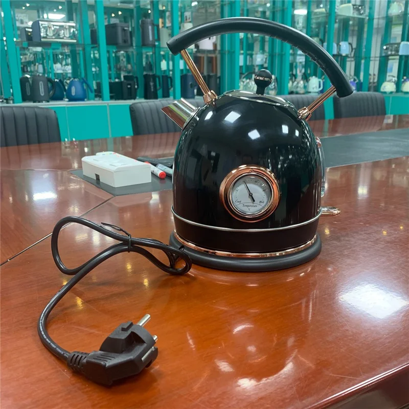 PUKOMC 1.8L Retro Electric Kettle 304 Stainless Steel Boil Water Kettle with Thermometer (BPA Free, No FDA Certificate) - EU Plug / Black