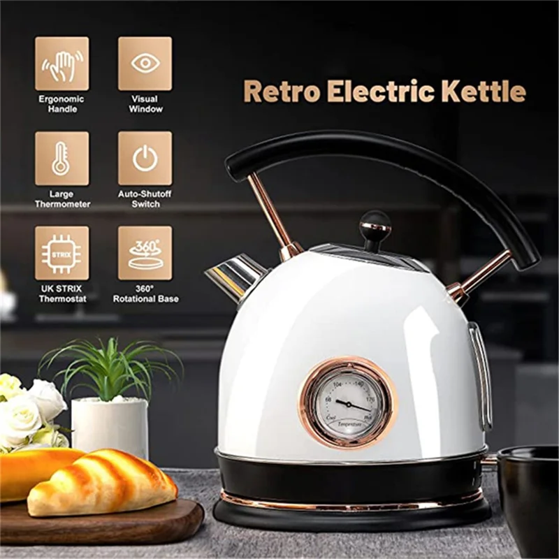 PUKOMC 1.8L Retro Electric Kettle 304 Stainless Steel Boil Water Kettle with Thermometer (BPA Free, No FDA Certificate) - EU Plug / Black