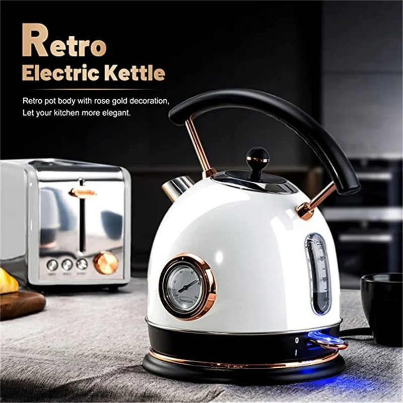 PUKOMC 1.8L Retro Electric Kettle 304 Stainless Steel Boil Water Kettle with Thermometer (BPA Free, No FDA Certificate) - EU Plug / Black