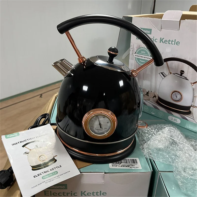 PUKOMC 1.8L Retro Electric Kettle 304 Stainless Steel Boil Water Kettle with Thermometer (BPA Free, No FDA Certificate) - EU Plug / Black