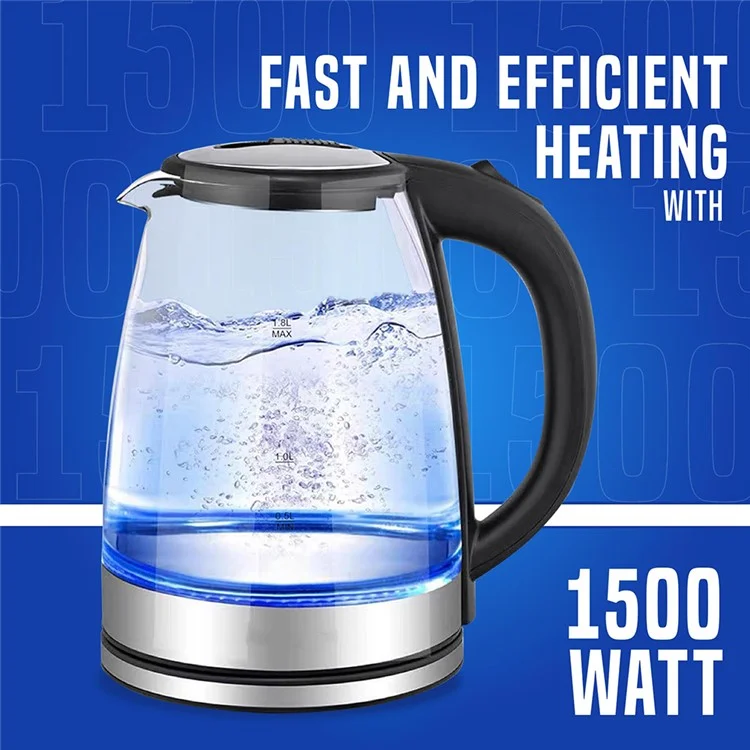 YJ-1808H High Borosilicate Glass Electric Kettle 1.8L Blue LED Fast Boiling Water Kettle (BPA Free, No FDA) - EU Plug