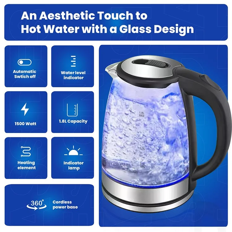 YJ-1808H High Borosilicate Glass Electric Kettle 1.8L Blue LED Fast Boiling Water Kettle (BPA Free, No FDA) - EU Plug