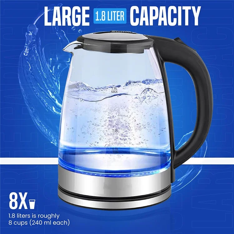 YJ-1808H High Borosilicate Glass Electric Kettle 1.8L Blue LED Fast Boiling Water Kettle (BPA Free, No FDA) - EU Plug