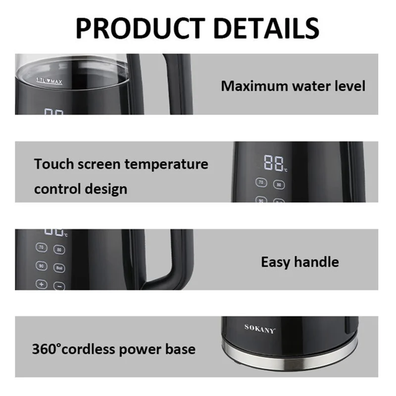 SOKANY 09050 Electric Kettle 1.7L Touch Screen Temperature Control Water Boiler (BPA Free, No FDA) - EU Plug