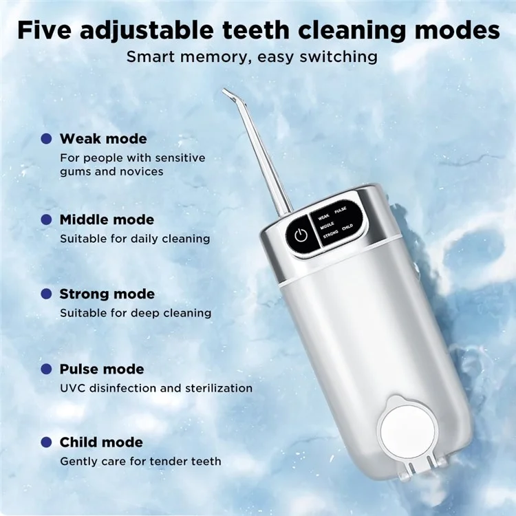 CY3 tragbarer Oral-Irrigator mit 5 Einstellungen, einstellbarer Hochfrequenz-Pulsation und 4 Düsen - Weiß / Transparent