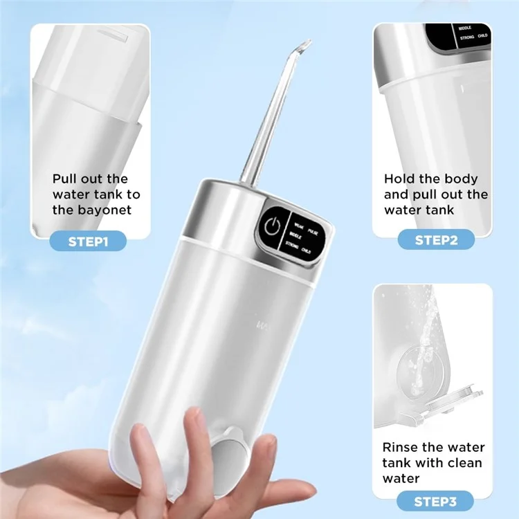 CY3 tragbarer Oral-Irrigator mit 5 Einstellungen, einstellbarer Hochfrequenz-Pulsation und 4 Düsen - Weiß / Transparent