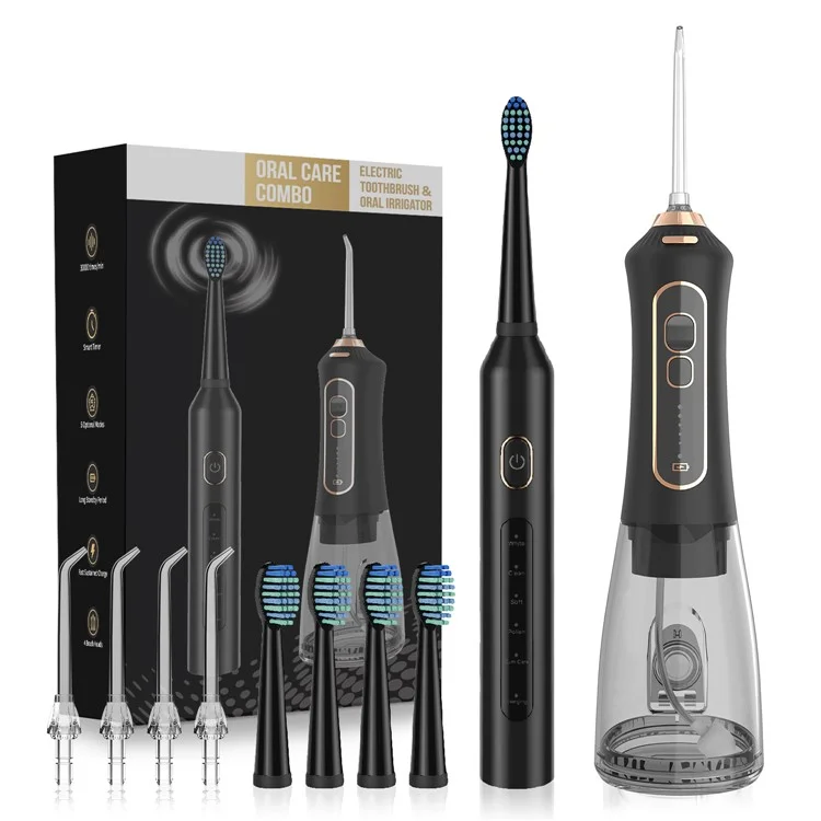 F6 IPX7 Brosse à dents électrique rechargeable étanche avec hydropulseur, 5 modes, ensemble de soins buccaux - Noir