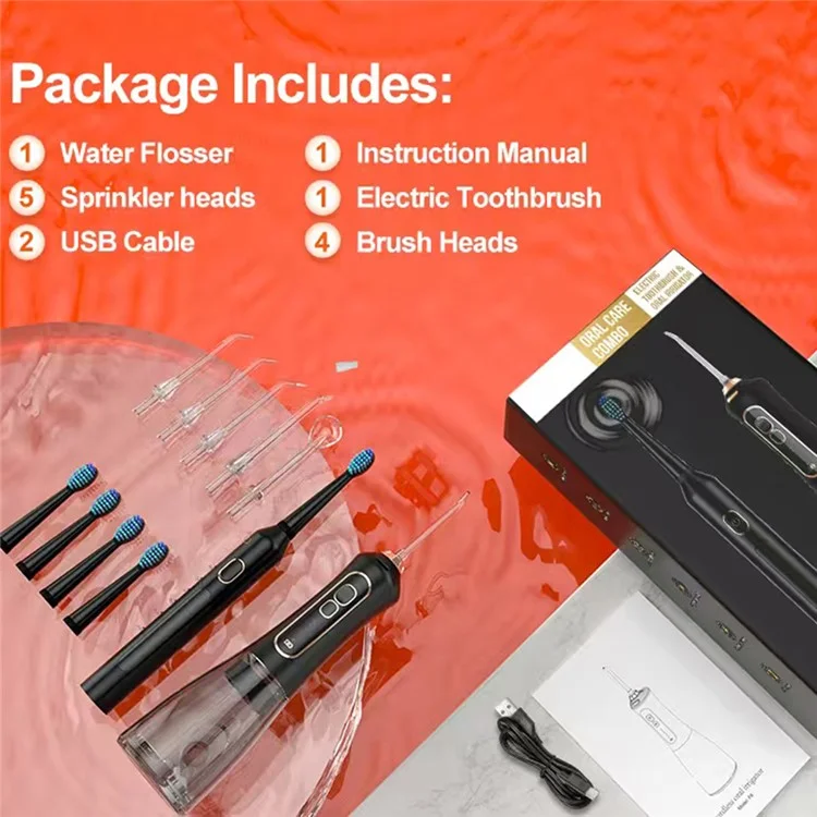 F6 IPX7 Brosse à dents électrique rechargeable étanche avec hydropulseur, 5 modes, ensemble de soins buccaux - Noir