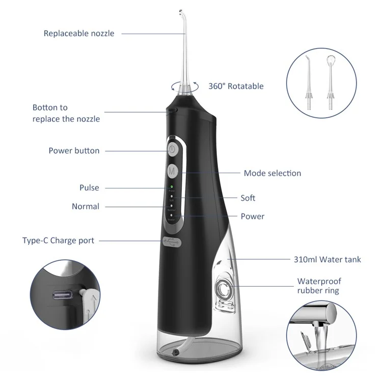 M209 310ml Inalámbrico Irrigador Dental 4 Modos IPX7 Impermeable Limpiador Oral - Negro