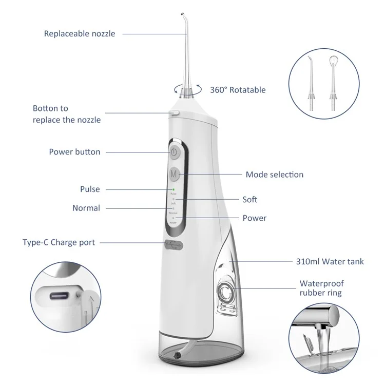 M209 310ml Cordless Water Flosser 4 Modes IPX7 Waterproof Dental Oral Irrigator Teeth Cleaner - White