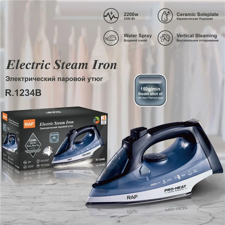 Macchina da stiro a vapore ad alta potenza RAF R.1234 da 2200W per viaggi, con 3 temperature regolabili e spina EU - Blu