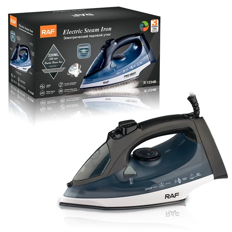 Macchina da stiro a vapore ad alta potenza RAF R.1234 da 2200W per viaggi, con 3 temperature regolabili e spina EU - Blu