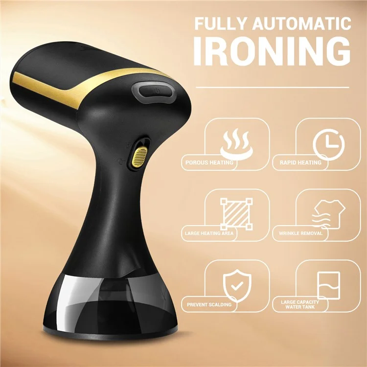 GS02 Vaporizzatore portatile per indumenti da 1500 W, ferro da stiro per casa e viaggio, spina UE - Nero