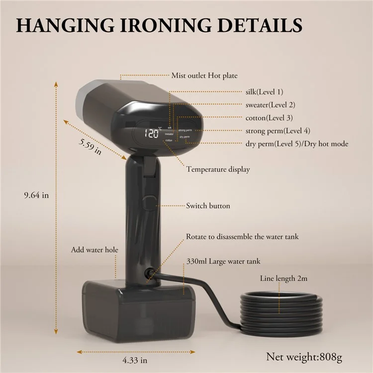 GS-03 5 Gears Foldable Electric Iron 330ML Water Tank Portable Handheld Steamer, EU Plug - Black