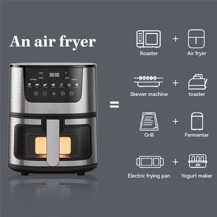 7L Gran Capacidad 1500W Freidora de Aire de Acero Inoxidable Multifunción Con Ventana de Vista, Enchufe de la ue (sin FDA, BPA Gratis)