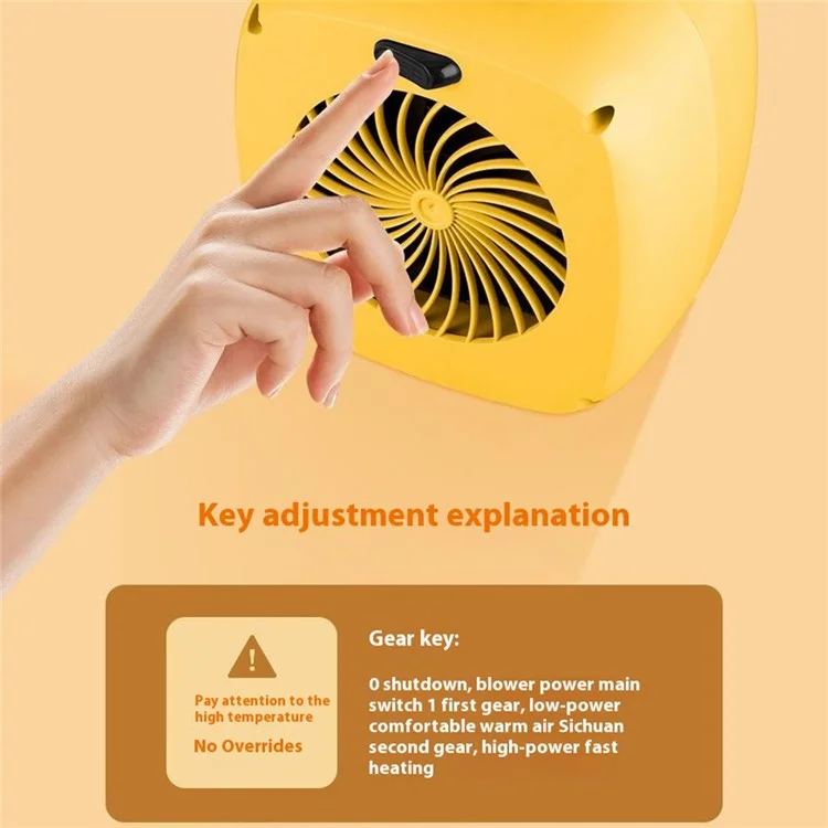 Aquecedor de mesa mini com 2 velocidades, ajustável, portátil, 500W, aquecedor elétrico de espaço para casa e escritório, plugue europeu - Amarelo