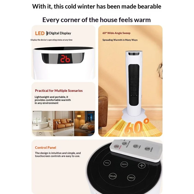 CX-1691 Upright Space Heater PTC Ceramic Heating 60 Degree Oscillation Remote Control LED Display Tower Heater, EU Plug - White