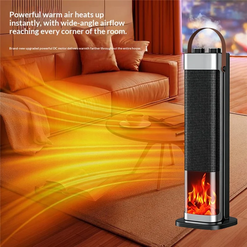 HQ30-300BS Smart Vertical Heater 2000W PTC Ceramic 3D Flame Effect Temperature Control Timer Space Heater for Indoor Heating, EU Plug - Black