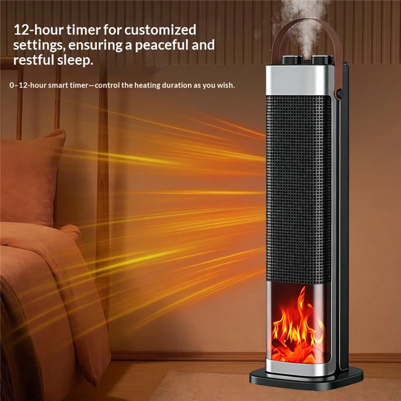 HQ30-300BS Smart Vertical Heater 2000W PTC Ceramic 3D Flame Effect Temperature Control Timer Space Heater for Indoor Heating, EU Plug - Black