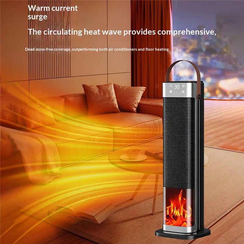 HQ30-300B Remote Control Standing Space Heater PTC Ceramic 2000W 3D Flame Effect Electric Heater with Timer, EU Plug - Black
