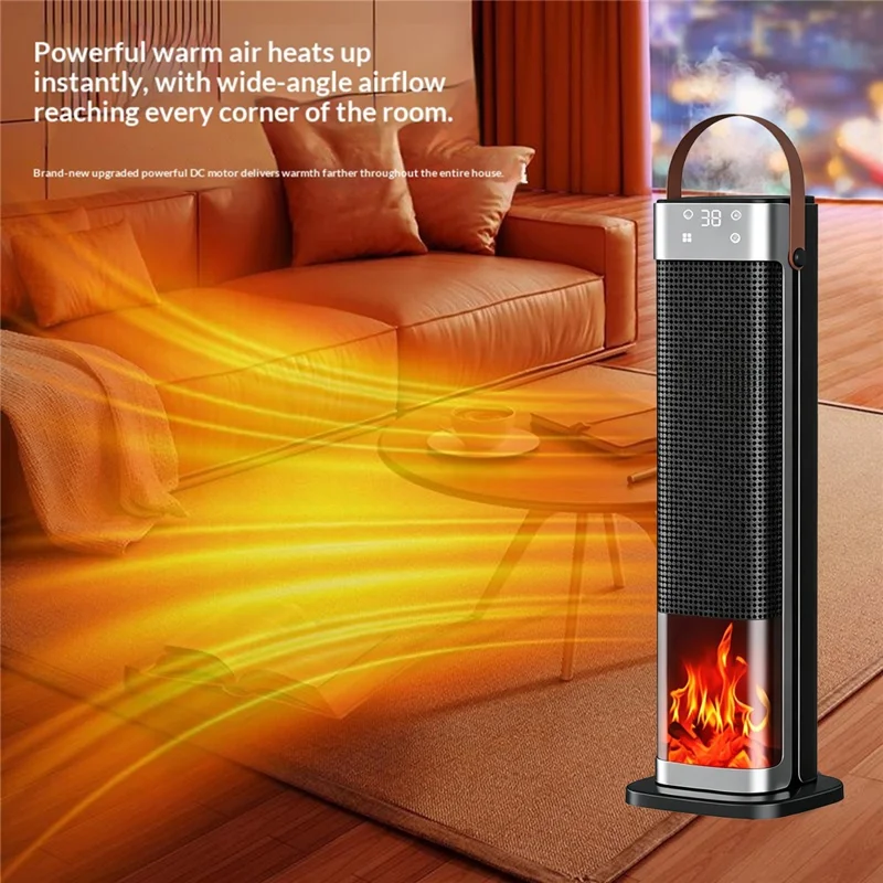 HQ30-300B Remote Control Standing Space Heater PTC Ceramic 2000W 3D Flame Effect Electric Heater with Timer, EU Plug - Black