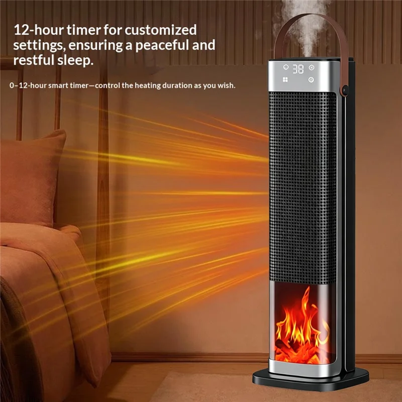 HQ30-300B Remote Control Standing Space Heater PTC Ceramic 2000W 3D Flame Effect Electric Heater with Timer, EU Plug - Black