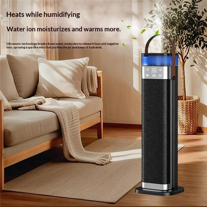 HQN218-28XS Tower Heater 2000W PTC Ceramic Heating Remote Control Humidification 3 Speed Timer Oscillation Space Heater for Home Office, EU Plug - Black