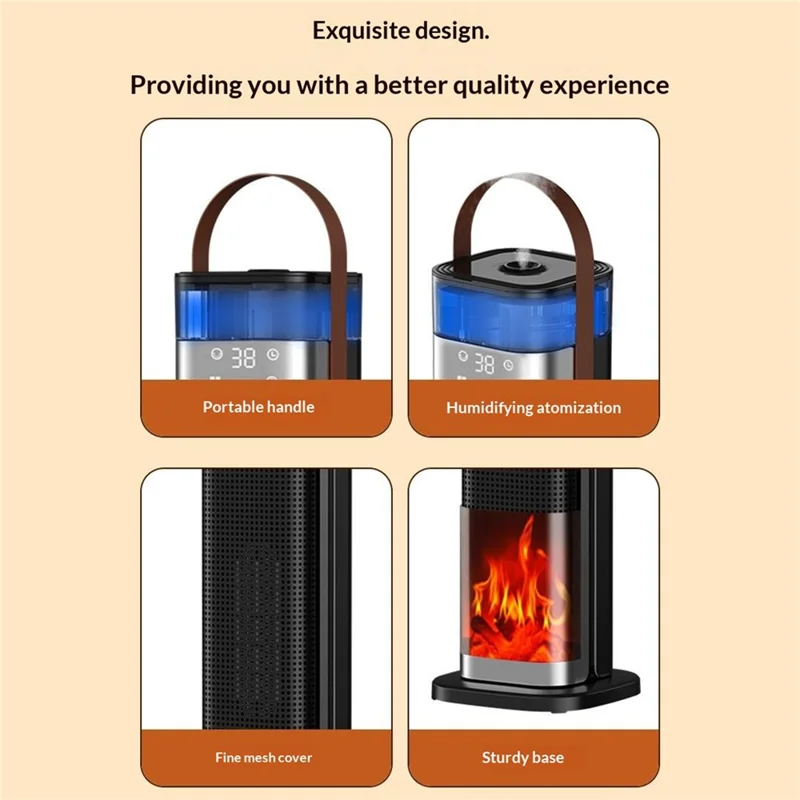 HQN218-28QD Space Heater 2000W PTC Ceramic Heating Humidification 3D Flame Remote Control Timer Tower Heater, EU Plug - Black