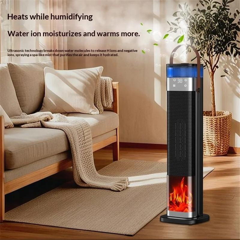 HQN218-28QD Space Heater 2000W PTC Ceramic Heating Humidification 3D Flame Remote Control Timer Tower Heater, EU Plug - Black