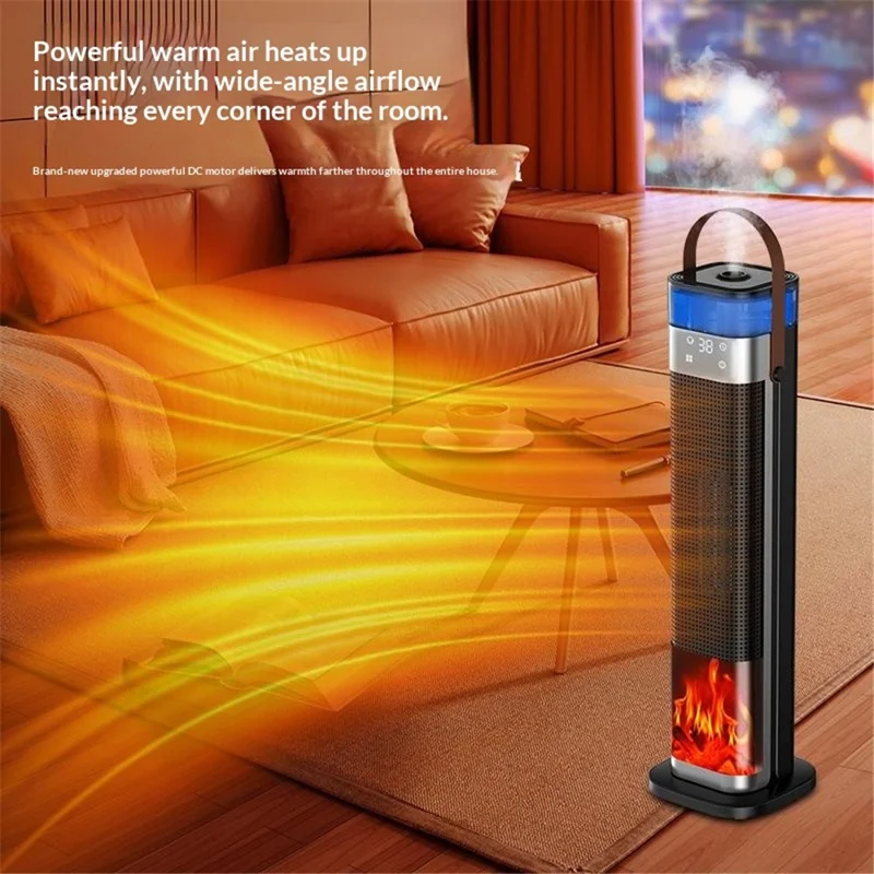 HQN218-28QD Space Heater 2000W PTC Ceramic Heating Humidification 3D Flame Remote Control Timer Tower Heater, EU Plug - Black