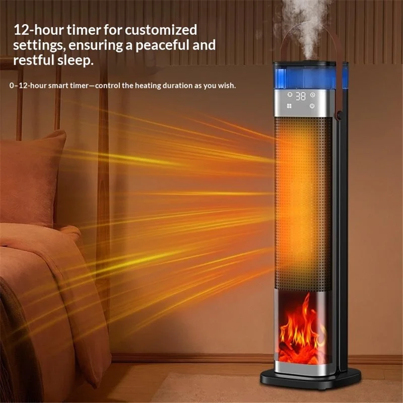 HQN218-28QD Space Heater 2000W PTC Ceramic Heating Humidification 3D Flame Remote Control Timer Tower Heater, EU Plug - Black
