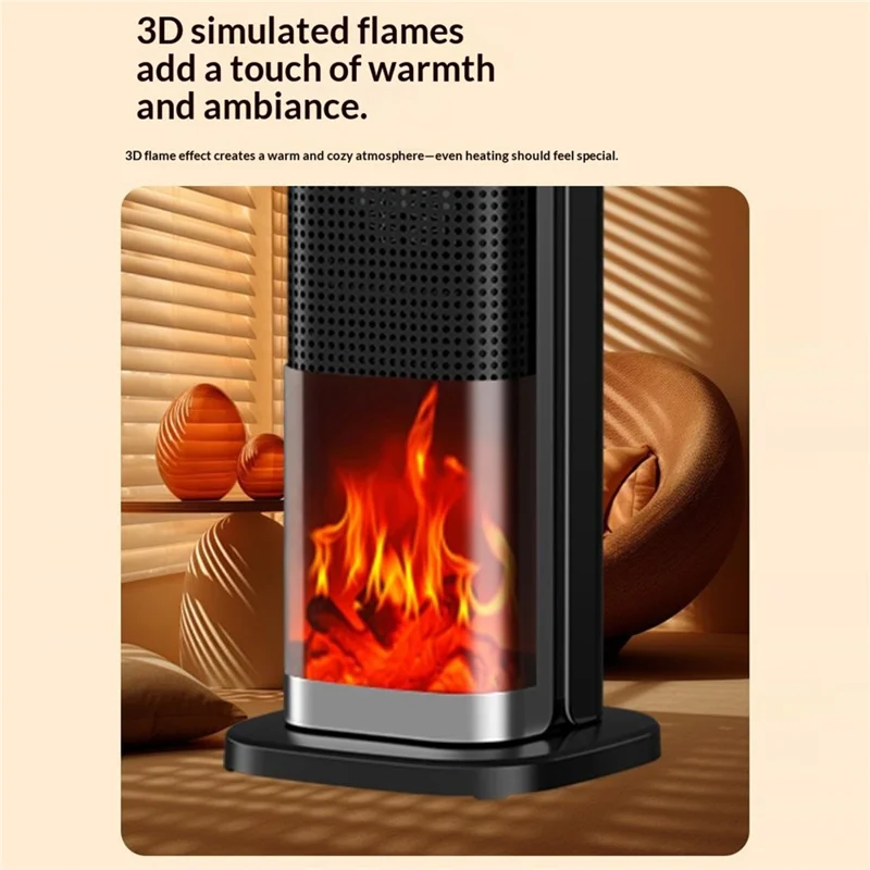 HQN218-28QD Space Heater 2000W PTC Ceramic Heating Humidification 3D Flame Remote Control Timer Tower Heater, EU Plug - Black