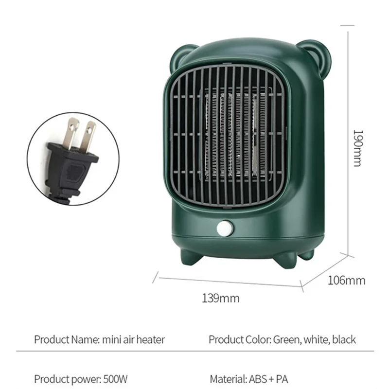 YND-500 Home Mini Desktop PTC Heating Fan Winter Air Warmer Mute Warm Wind Electric Heater - Black / US Plug