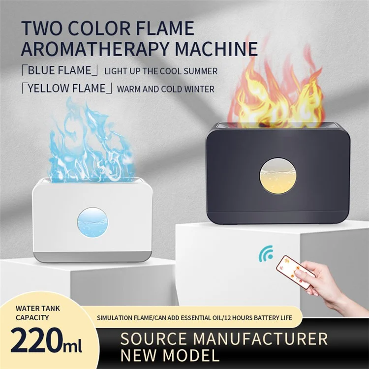 E126 220ml Remote Control Flame Light Humidifier Air Aroma Humidifier for Home Office SPA Yoga (Dual Color Flame) - Black