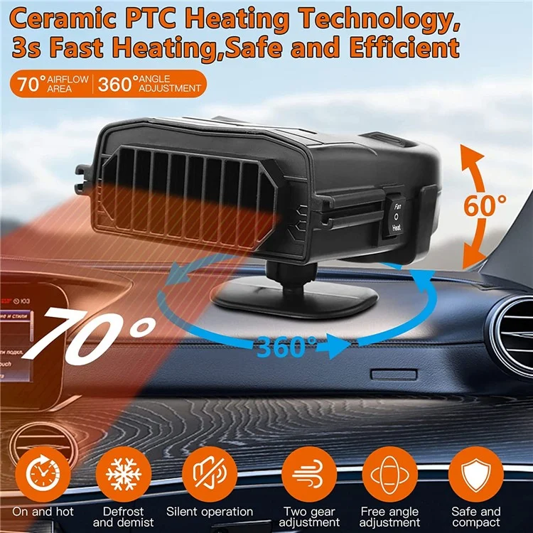 Ventilateur de chauffage pour tableau de bord de voiture R803 12V - Dégivrage et désembuage du pare-brise de voiture - Dispositif de chauffage intérieur de véhicule - Noir