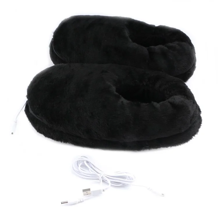 Size 36-46 USB Electric Heated Slippers Winter Thicken Feet Warmer Plush Shoes Foot Heater - Black