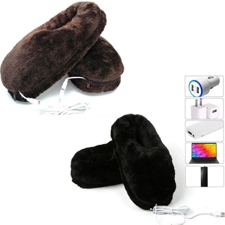 Size 36-46 USB Electric Heated Slippers Winter Thicken Feet Warmer Plush Shoes Foot Heater - Black