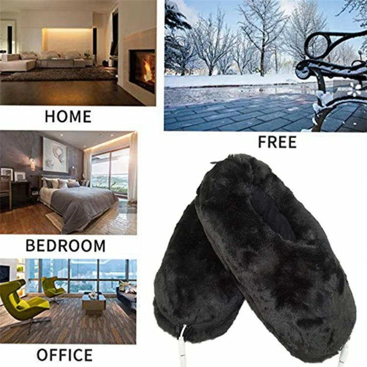 Size 36-46 USB Electric Heated Slippers Winter Thicken Feet Warmer Plush Shoes Foot Heater - Black