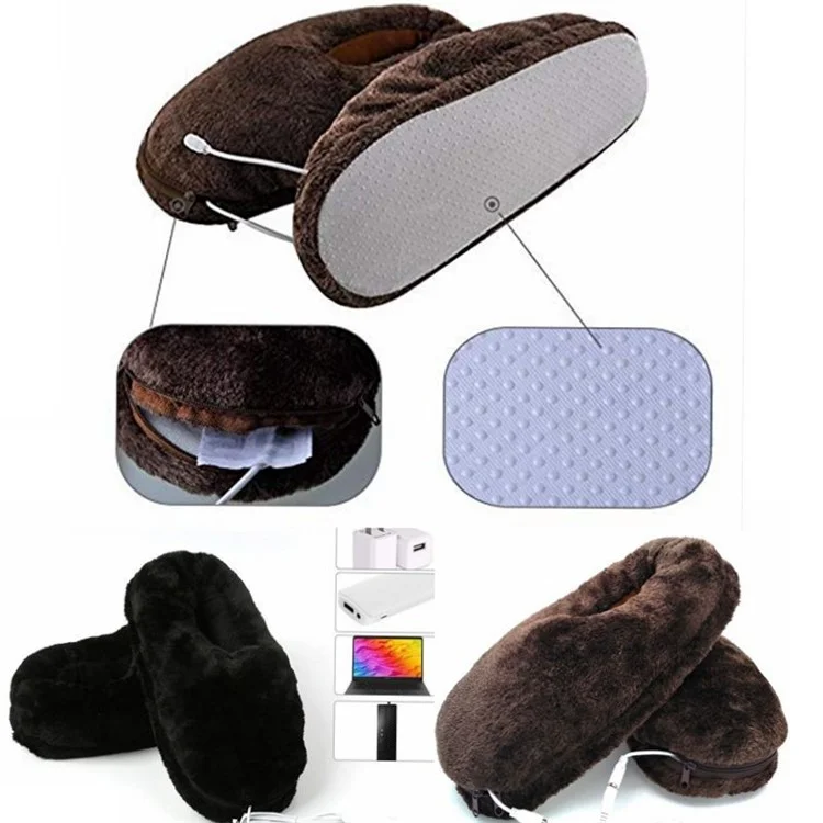 Size 36-46 USB Electric Heated Slippers Winter Thicken Feet Warmer Plush Shoes Foot Heater - Black