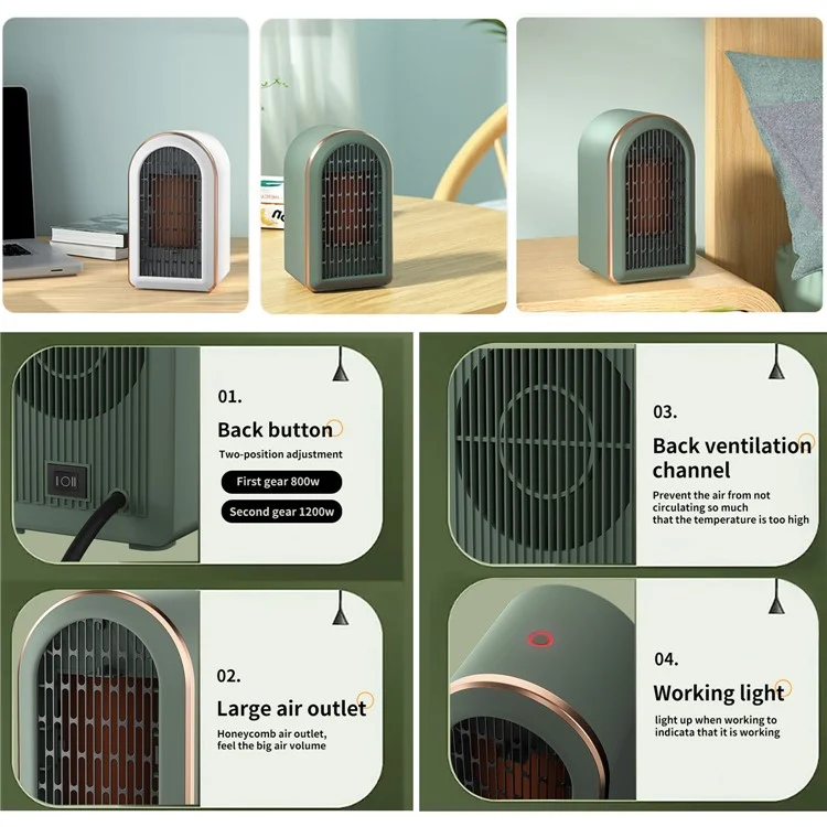 Aquecedor de Mesa Cerâmico de 1200W, Baixo Ruído, com 2 Modos para Quarto, Sala de Estar, Escritório - Verde / Plugue EUA