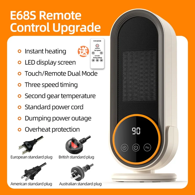 E68S 1200W RC Heater Two-Speed Fast Heating Fan LCD Touch Screen Display Timed Electric Heater - UK Plug