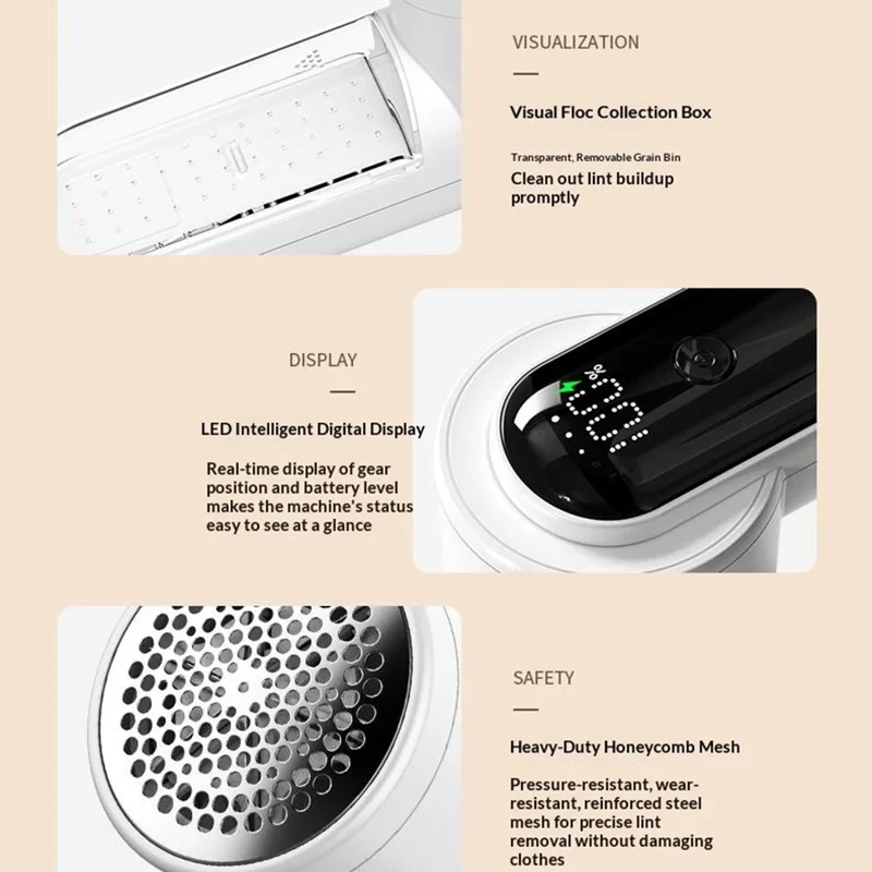 Q33 3-Speed Adjustable Type-C Fur Ball Trimmer with LED Display for Clothing Care - White